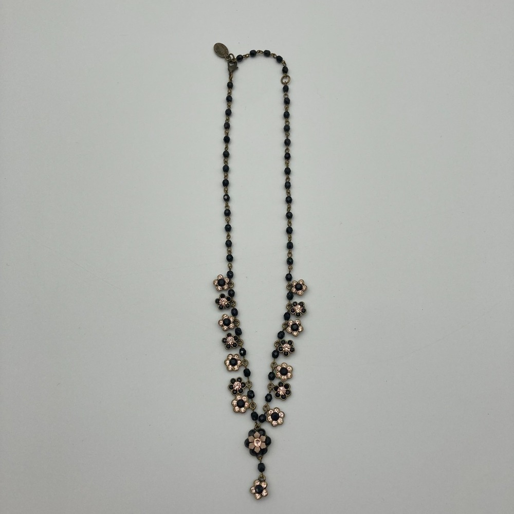 Vtg Michal Negrin Black Pink Beaded Floral Daisy Chain Choker Crystal Accents - Picture 2 of 9